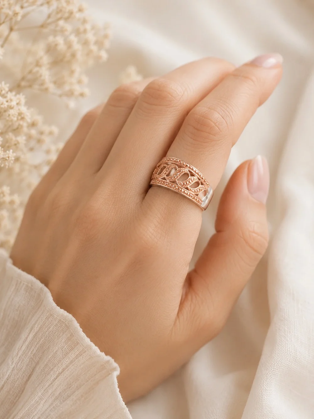 Natural Champagne Diamond Accent Swirl Ring Rose Gold & Platinum Bond Brass